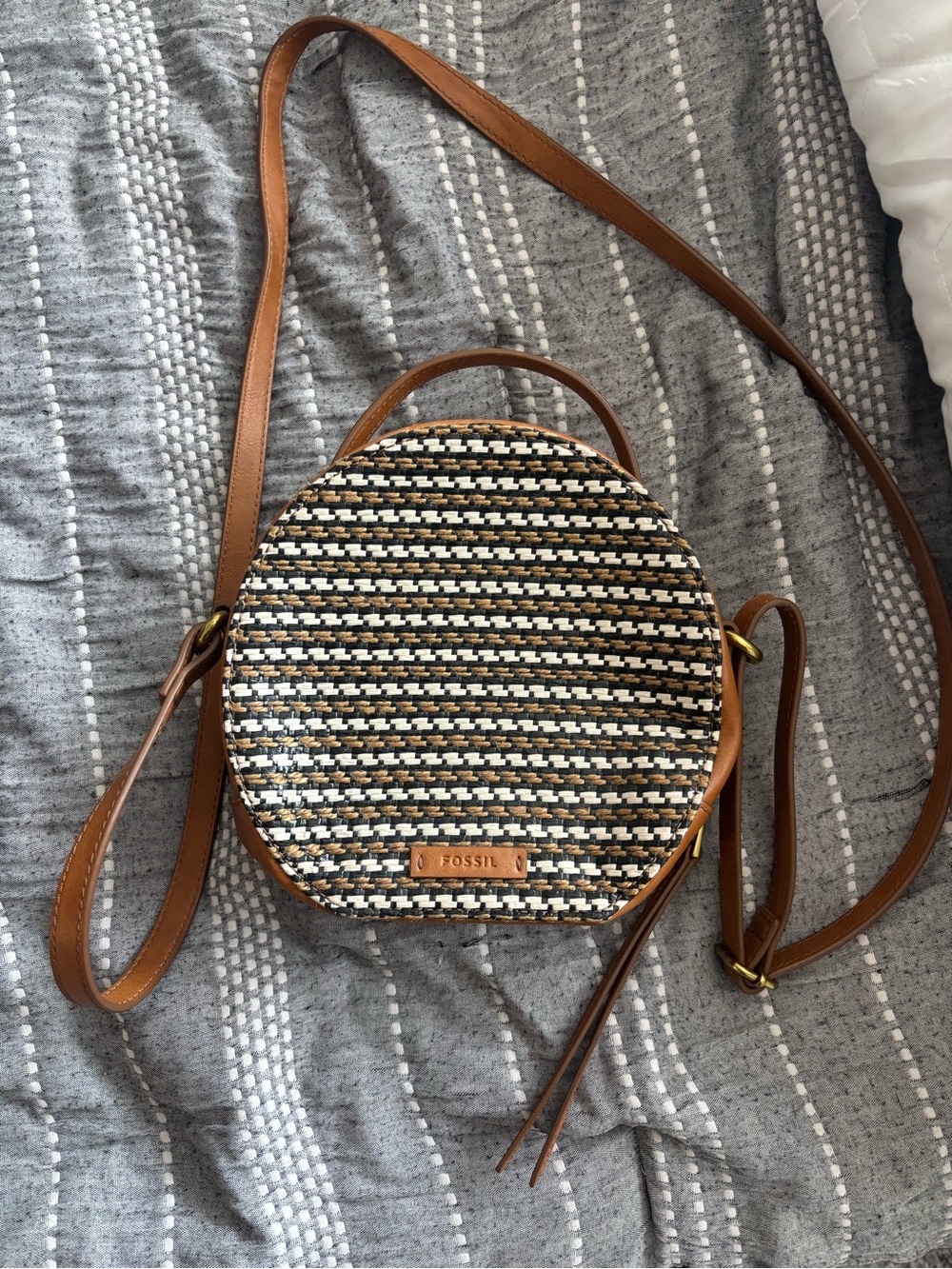 Fossil Brown, Black and Cream Woven Round Crossbody Bag